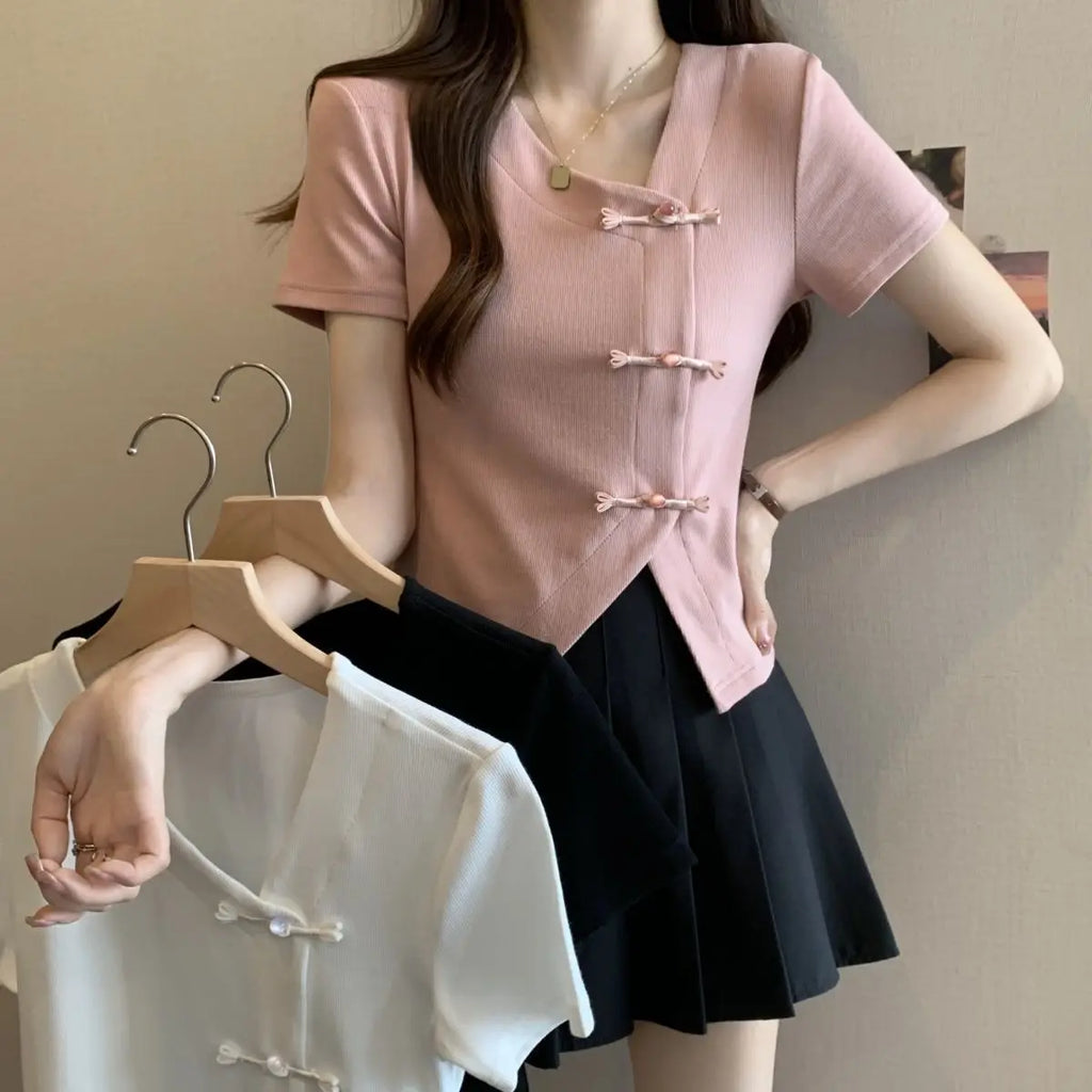 Summer Large-size Women's Clothing New Solid-color Chinese Style Irregular Buckle Slim-fitting V-neck Short-sleeved T-shirt
