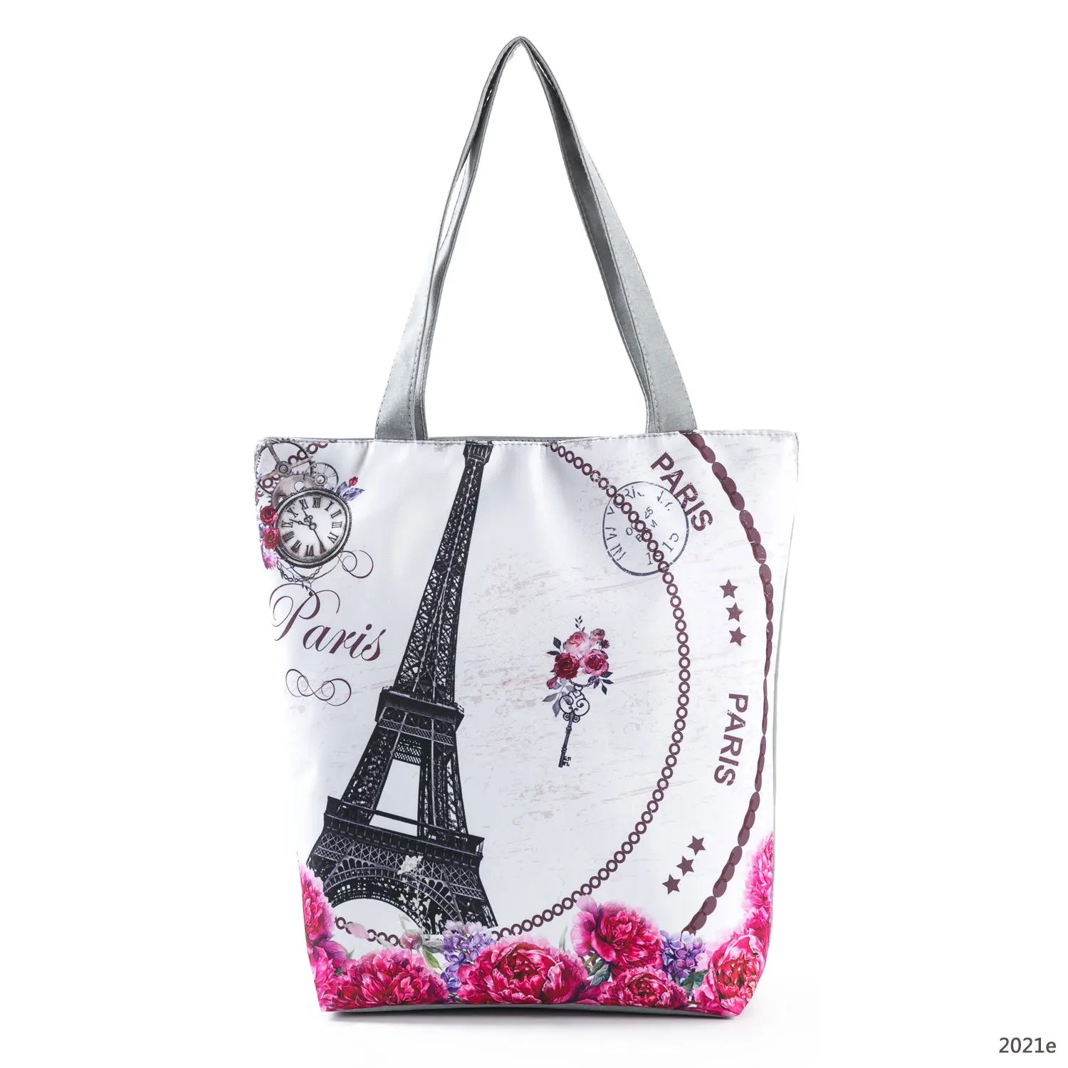 Floral Eiffel Tower Print Tote Bag Paris Landscape Shoulder Bag Fashion Pretty Handbags High Capacity Shopping Bag Eco Beach Bag