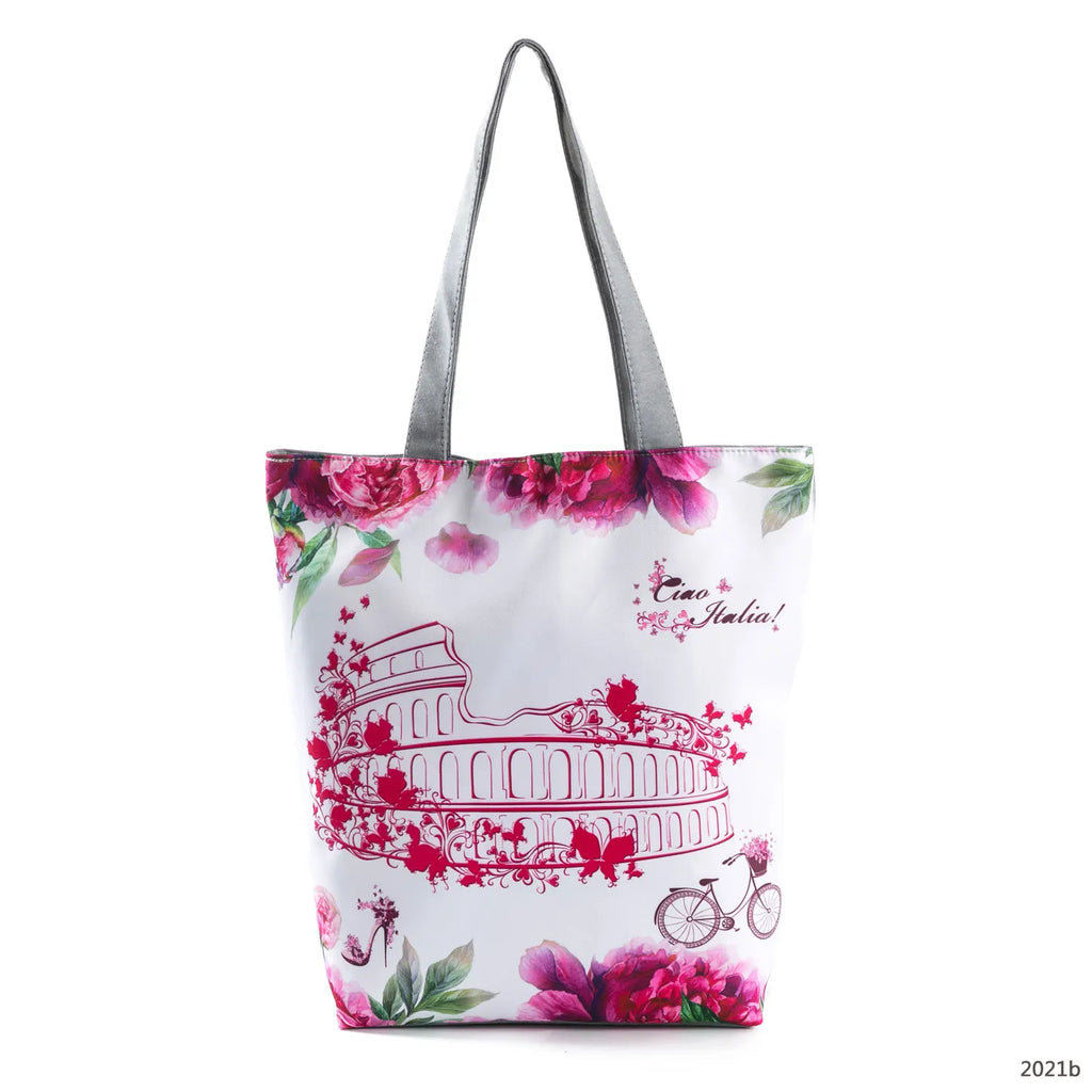 Floral Eiffel Tower Print Tote Bag Paris Landscape Shoulder Bag Fashion Pretty Handbags High Capacity Shopping Bag Eco Beach Bag