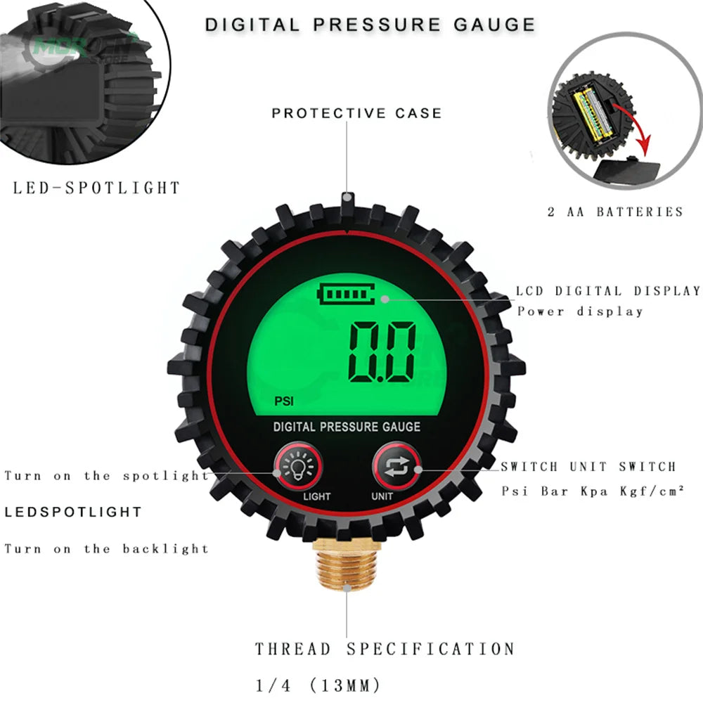 Rang to 255PSI Digital Gas Pressure Gauge with M11 1/4 1/8NPT Screw Thread Connector Rubber Protector For Car Truck Motorcycle