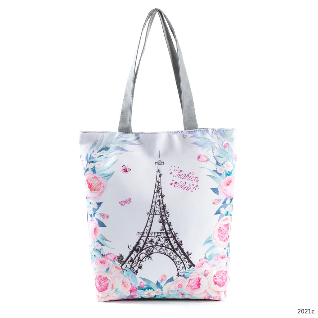 Floral Eiffel Tower Print Tote Bag Paris Landscape Shoulder Bag Fashion Pretty Handbags High Capacity Shopping Bag Eco Beach Bag